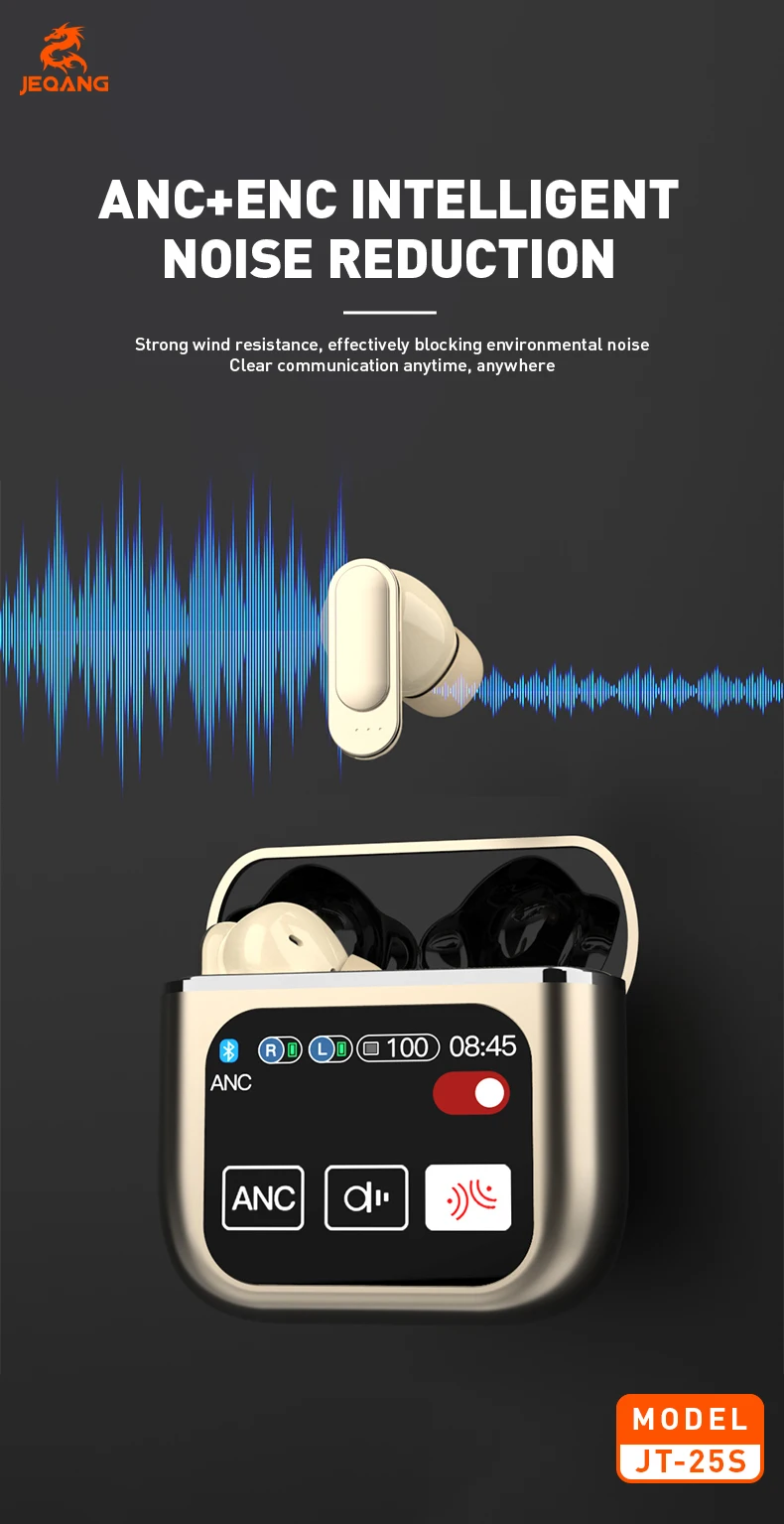 Jeqang-25S TWS LED Digital Display In-Ear for BT Earphones with ENC ANC Waterproof Function and Large Screen Display