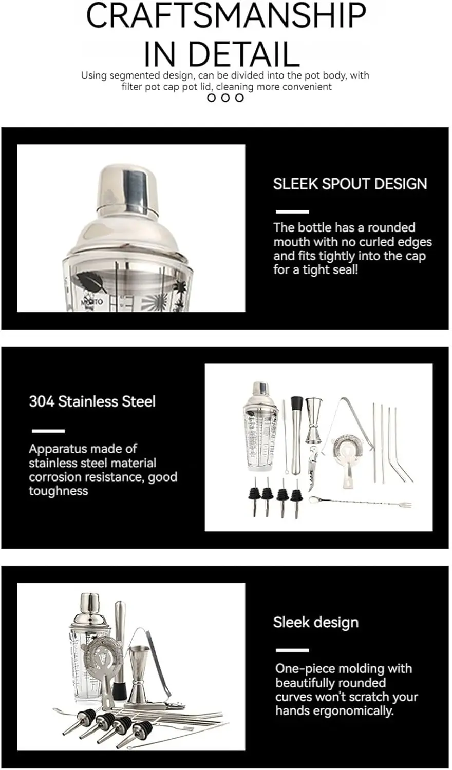 product one stop bar accessories bartender kit 304 stainless steel cocktail shaker set with stand ice tongs mixing spoon jigger muddler-34