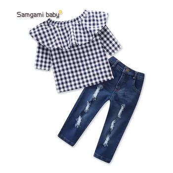 Girls long sleeve outfit boutique clothing sets children plaids top+ ripped jeans pants 2pcs toddler girl clothes