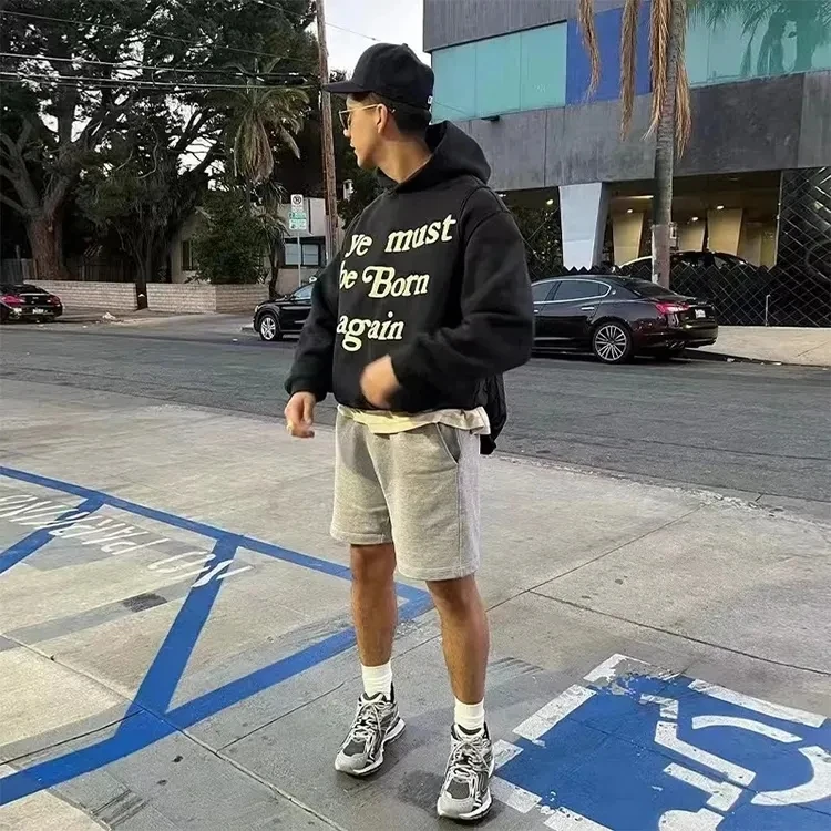 Custom Men's French Terry 3D Puff Printing Hoodie Vintage Distressed Acid Wash Cotton Oversized Zip Hooded Collar