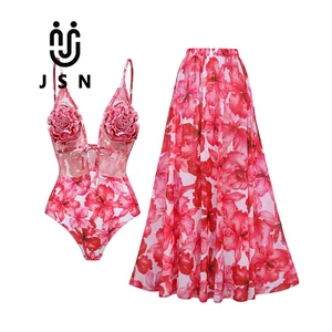 JSN Swimwear Manufacturer Customized Deep V 3D Flower Decor Mesh Splicing Printed One Piece Swimsuit and Skirt