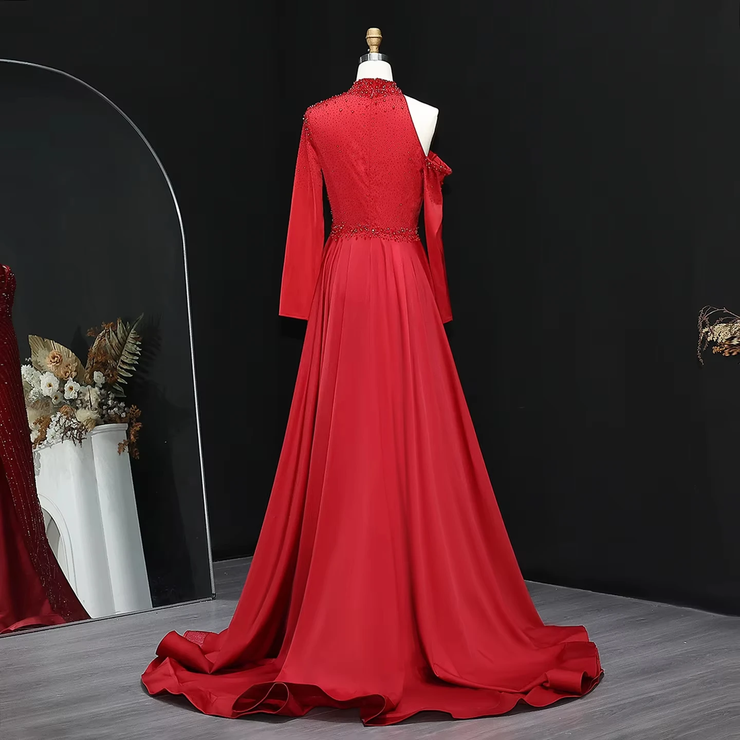 open lace back dress DQ 4306 Size 4 Red Pageant Gown Long Fitted Maxi Slit Off The Shoulder Cape Prom Dress Rhinestone