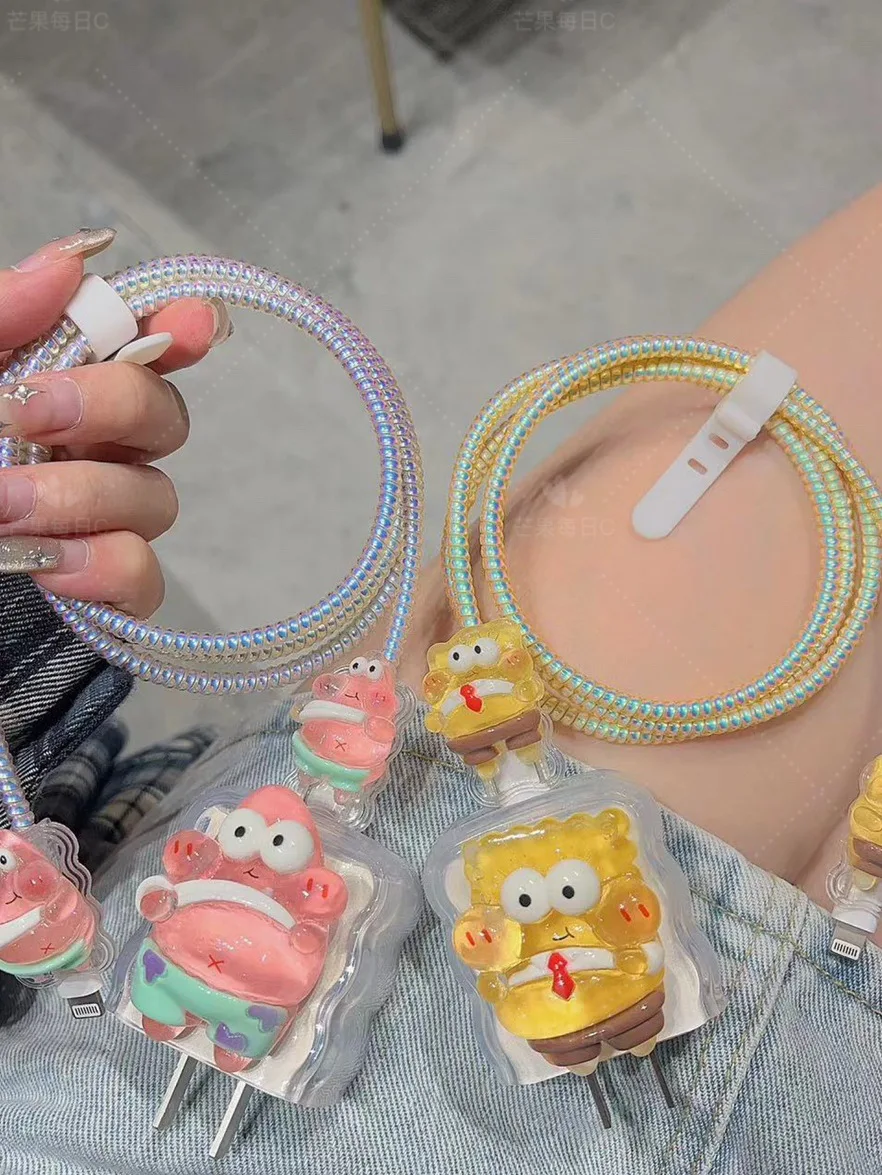 SpongeBob Usb Charger Case Protector for Apple 18W/20W Mobile Phone Accessories Winder Spiral Cable Protector Shell for IPhone