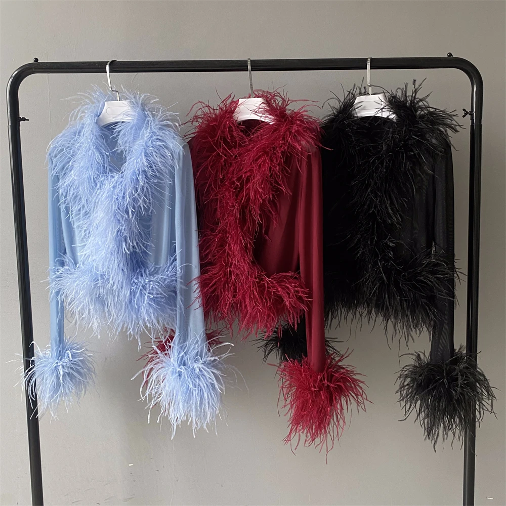 Jxwatcher Night Dress Mesh Ostrich Feather Shirt Jacket Cropped Tops Genuine Fur Coat Sexy Women Real Ostrich Fur Coat Fluffy