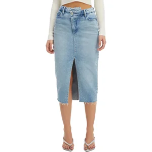 Women Plus Size Light Washing  Straight Denim Skirt With Button