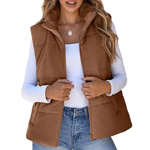 Women's Autumn Winter Waterproof Knitted Corduroy Jacket Casual Vest Placket Zipper Pleated Pocket