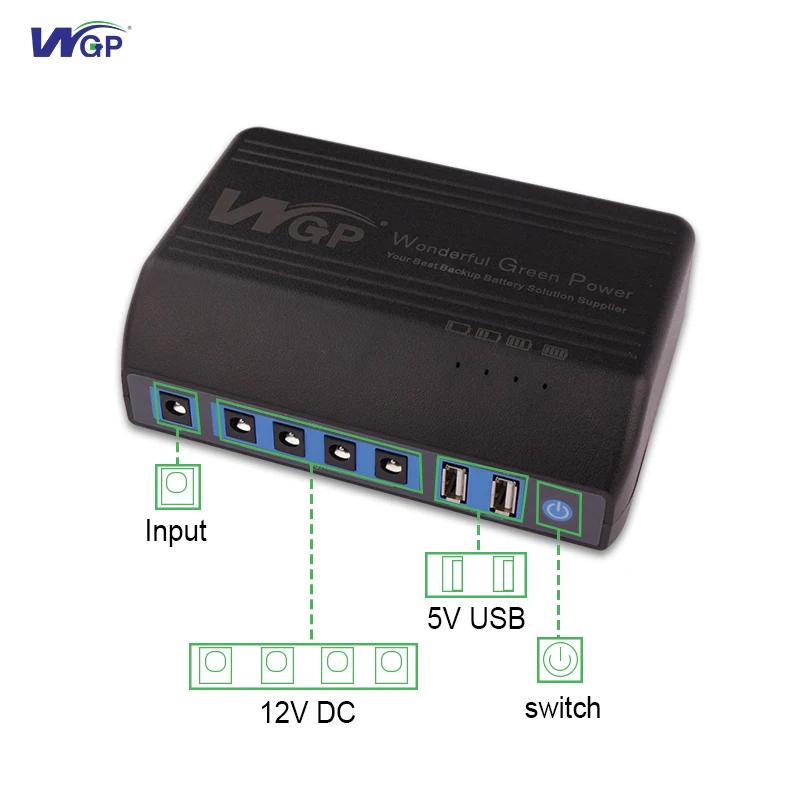 WGP Rechargeable 18650 Battery Multiple Outputs USB DC 12V Power Bank for Fiber Router Modem Mobile Phone DVR Digital Camera