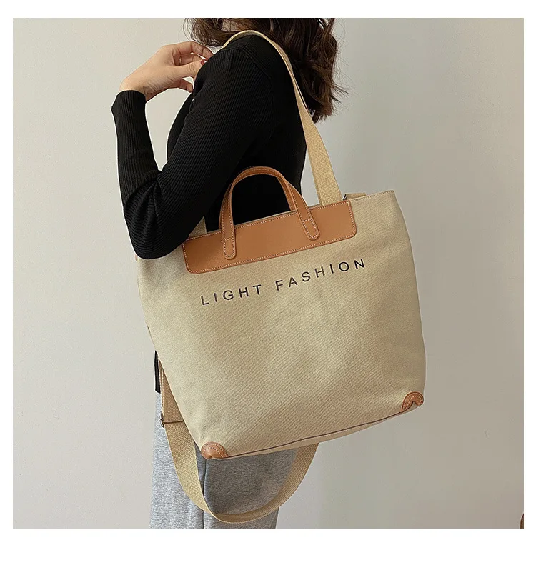 New Design Eco Large Leather Handle Customized Printed Large Cotton Canvas Tote Bag Zipper With