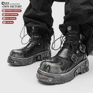 2026 Custom Logo Punk Gothic Style Midi Boots Winter Skulls Pattern Height Increasing Women Men Shoes