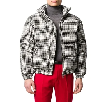 Custom men warm up quilted flannel tweed checked padded down puffer jacket with fleece lining