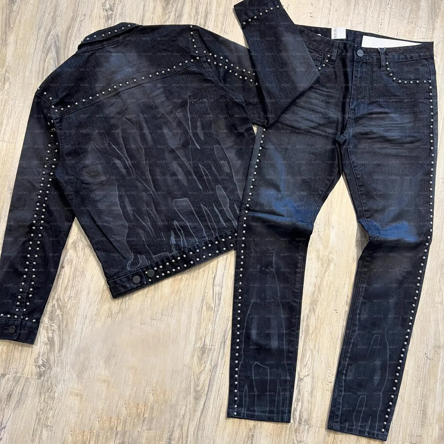 Salati Custom Hip Hop Two-Piece Outfits Men Studded Button Fly Matching Denim Suits Jacket Straight Fit Jeans Pants Printed gallery 7