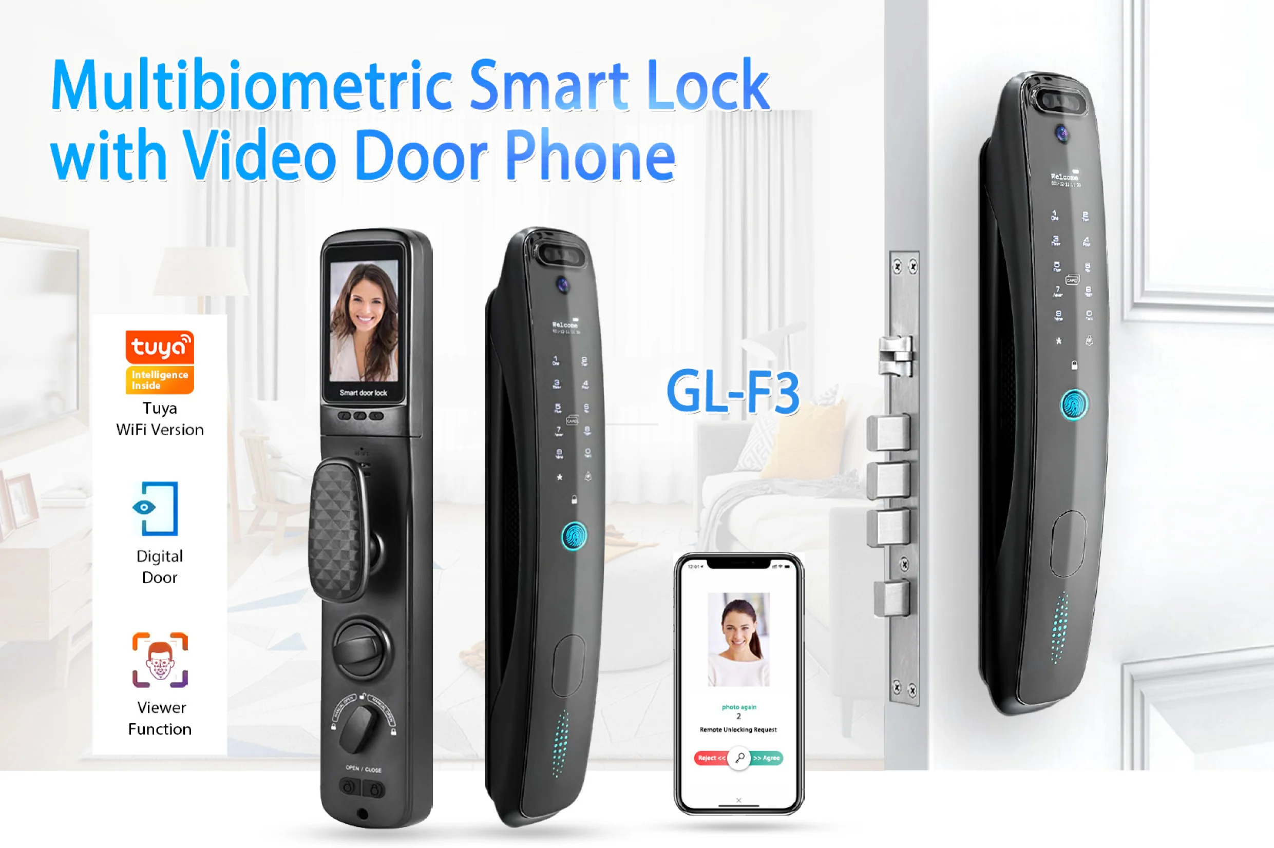 Face Fingerprint and Password IC Card Smart Wireless Door Lock with TUYA/TT Lock APP Viewer Vision Digital with Camera