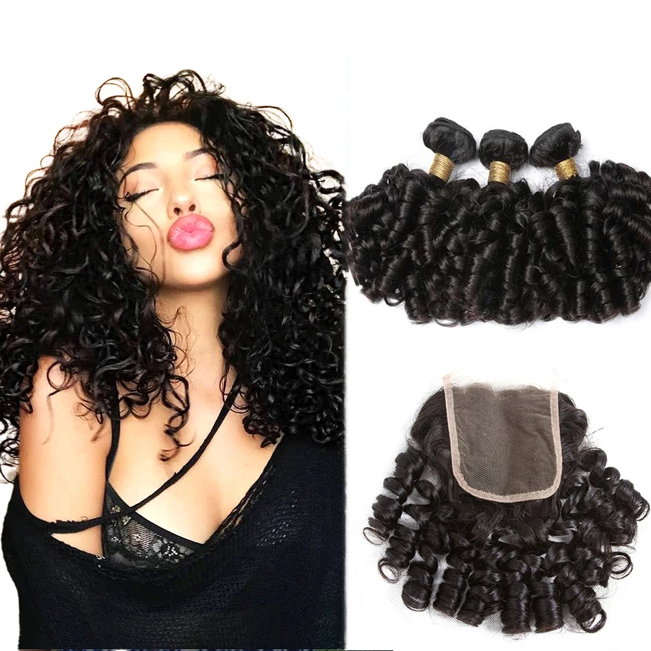 SPARK Brazilian Bouncy Curl Human Hair Bundles With Closure,Spiral Curl Hair Weave 3 Bunbles with 4*4 Lace Closure Natural Black