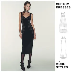 Custom Wholesale High Quality Fashion Luxury Black Ladies Evening Dress Anti-Static Diamond Long Halter Midi Dress Rhinestone