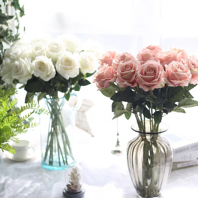 Real Touch Silk White Rose Artificial Velvet Rose Flowers for Wedding Decoration Artificial Flowers