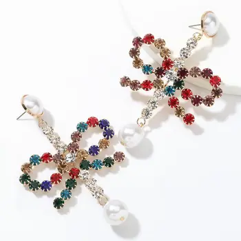 Super Flashing Claw Chain Series Alloy Luxury Rhinestone Diamond Inlaid Imitation Pearl Bow Earrings Jewelry Wholesale