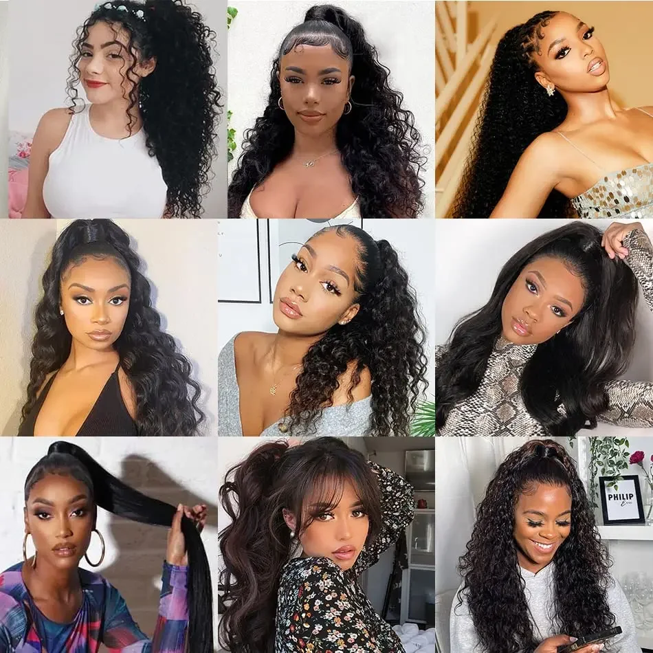 26 Inches Deep Wave Curly Brazilian Remy Hair Ponytail Extensions Clip Ins Natural Color_voghion.com