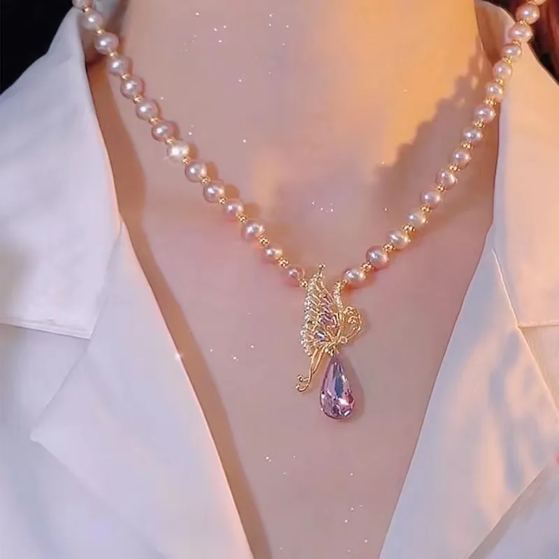 Natural Imitation Pearl Collar Necklace  Drop Faux Pearls CZ Diamond Butterfly Clavicle Chain Artificial Pearl Beaded Necklace