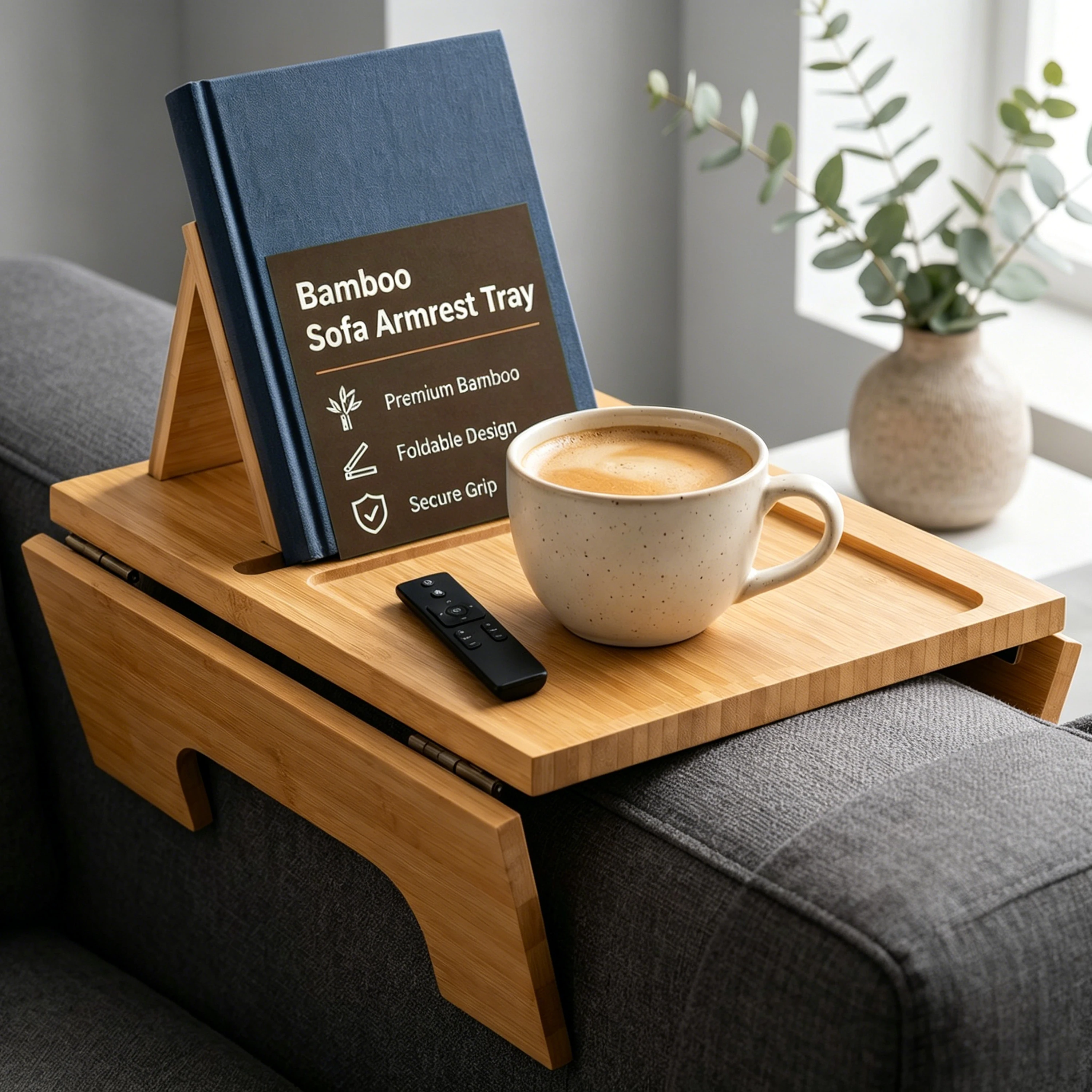 Foldable Bamboo Sofa Armrest Tray Couch Arm Tray Book Holder Anti Slip Couch Side Table Storage Organizer for Home Living Room