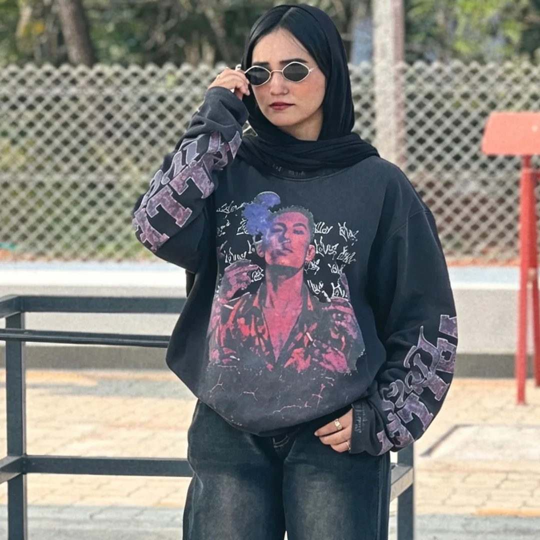 Přizpůsobitelný unisexový vintage tričko s kruhovým výstřihem a dlouhými rukávy, oplachované solí, z těžké bavlny, digitální potisk DTG, převelké tričko s dlouhými rukávy