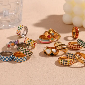 Hypoallergenic Jewelry Wholesale Colorful Enamel Ring Set Gold Plated Stainless Steel Jewelry Set