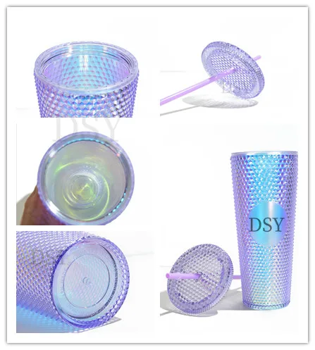 DSY BPA FREE 24oz Coffee Mug Double Wall Plastic Acrylic Shiny Matte Snow globe Studded Cups Tumbler with Straw and brush