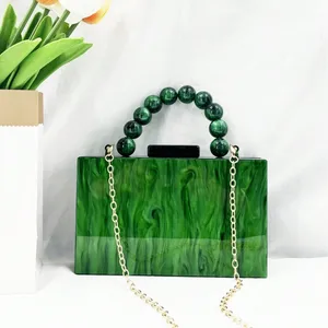 custom logo High Quality Emerald Green Ladies Evening Party Resin Stone Pattern Clutch Bag with Chains