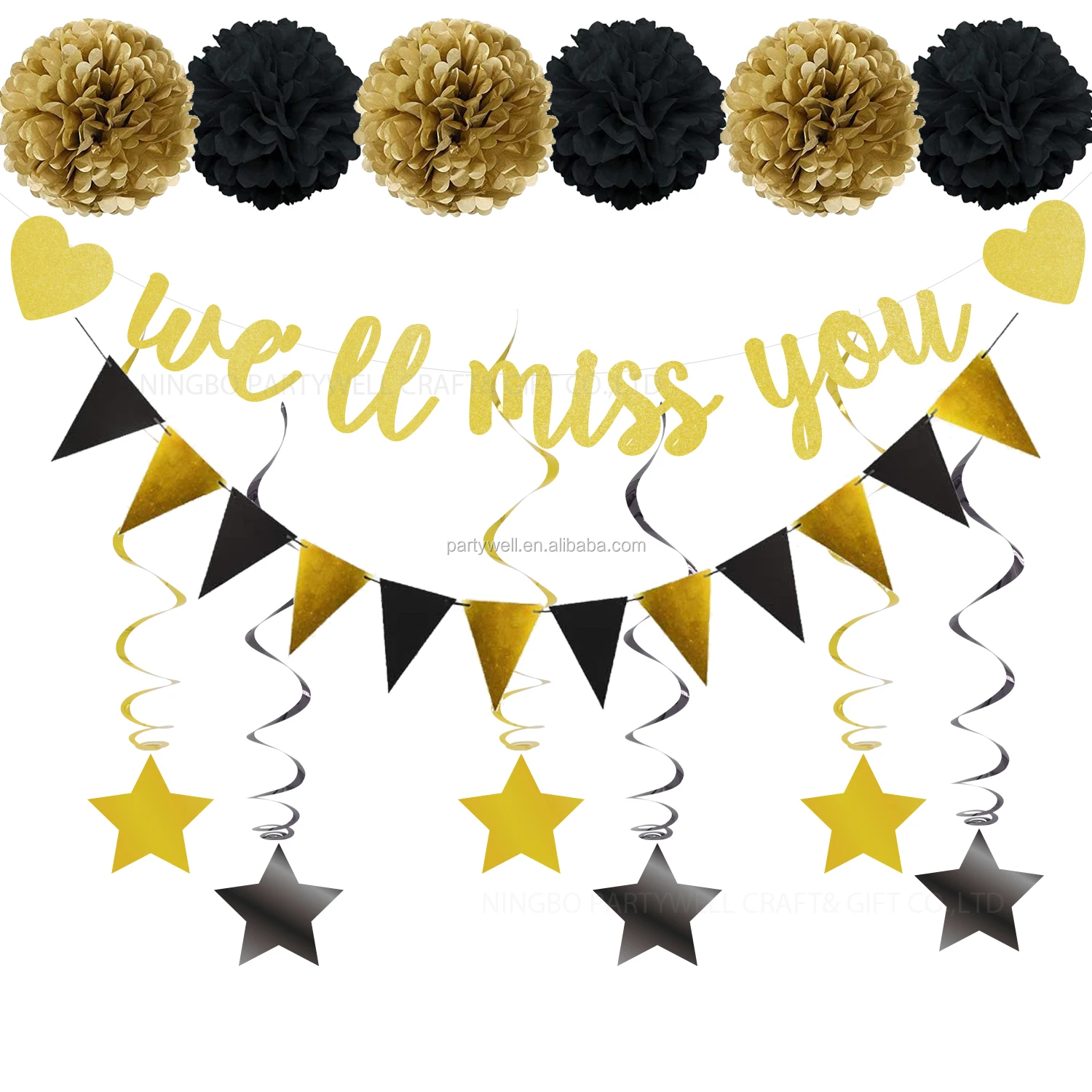 Black Gold Party Decoration Supplies Kit We Will Miss You Banner Triangle  Flag Star Swirl Pom Poms For Retirement Farewell Party - Buy Farewell Black  And Gold Party Decorations Supplies Kit Set,We