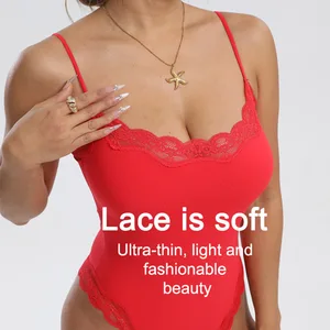 Women's European American Cross-border Naked Feel Lace Edge Nylon Jumpsuit Skin-friendly Breathable Tight Inner Vest