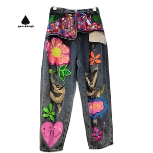 Unique Stylish High Waist Jeans Colorful Decorations Inlaid Jewels Sequined American High Street Jeans Women Straight Pants