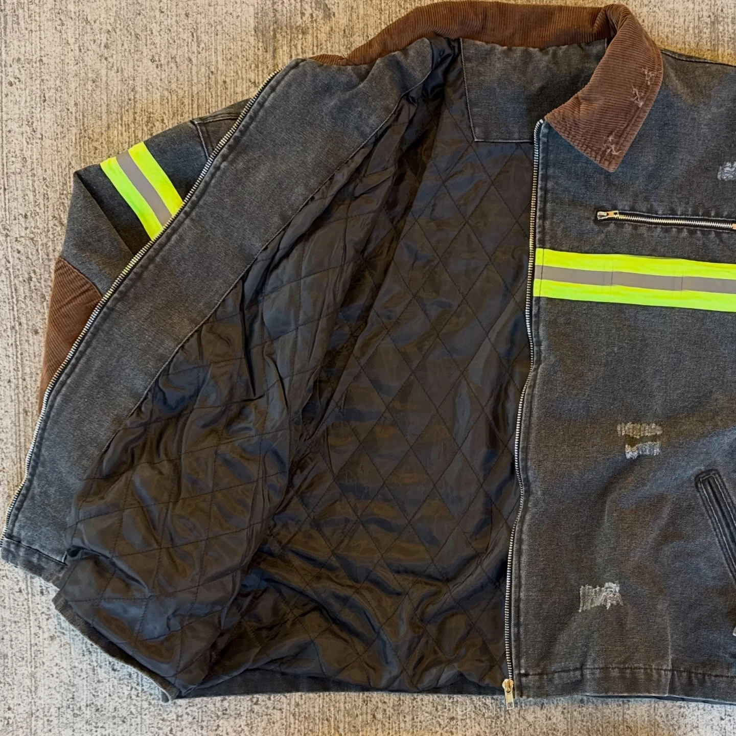 SALATI Men's Washed Denim Jacket with Corduroy Collar Elbow Patches Reflective Stripes Zip Front Vintage Distressed Streetwear gallery 5