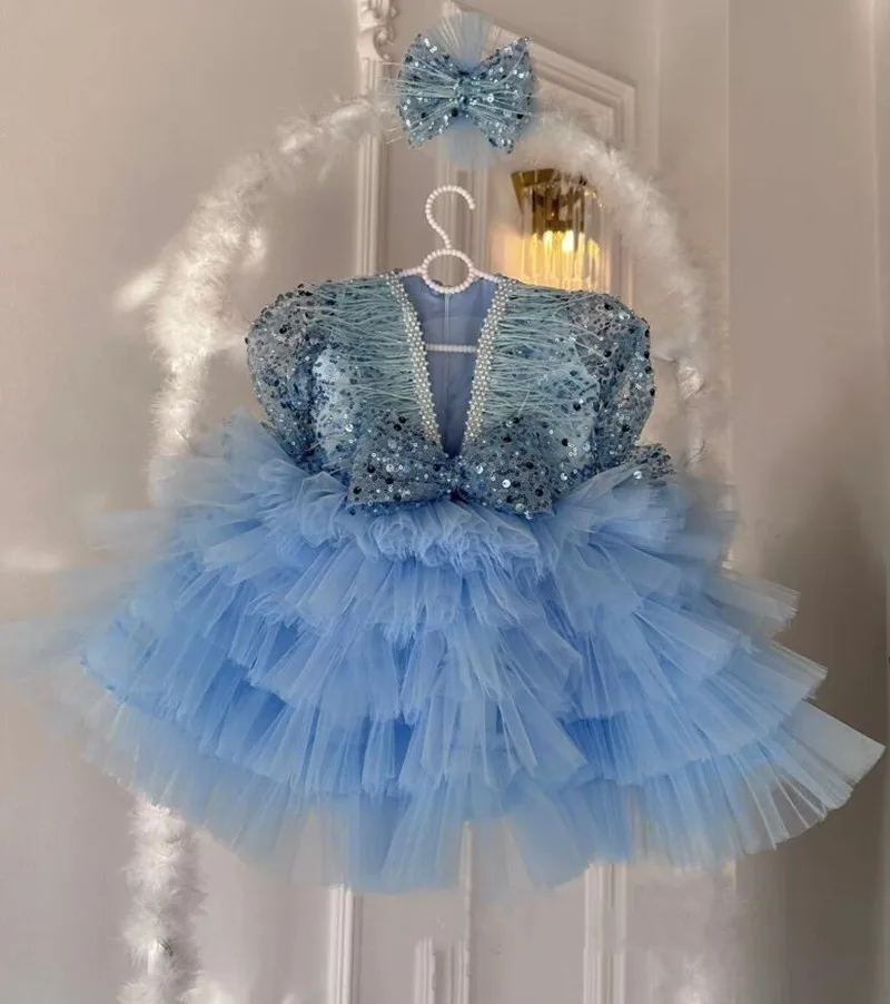 Princess Long Sleeve Prom Gown V Neck Baby Girls Sequin Bow Tulle Puffy  Dress Kids Birthday Wedding Party Formal Dresses