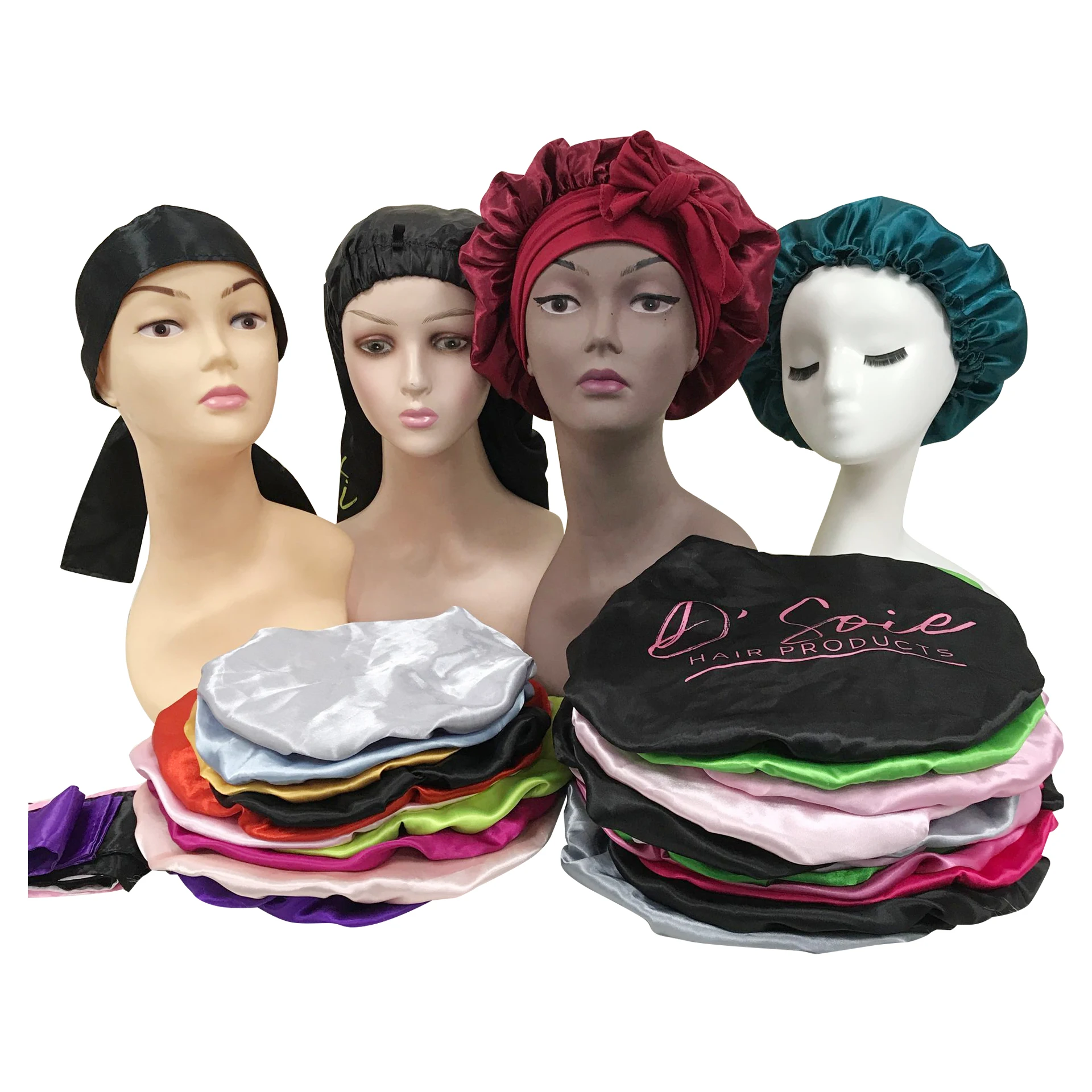 Бесплатный образец дизайнерские шапки для длинных волос и атласные сумки с логотипом оптовая продажа атласная