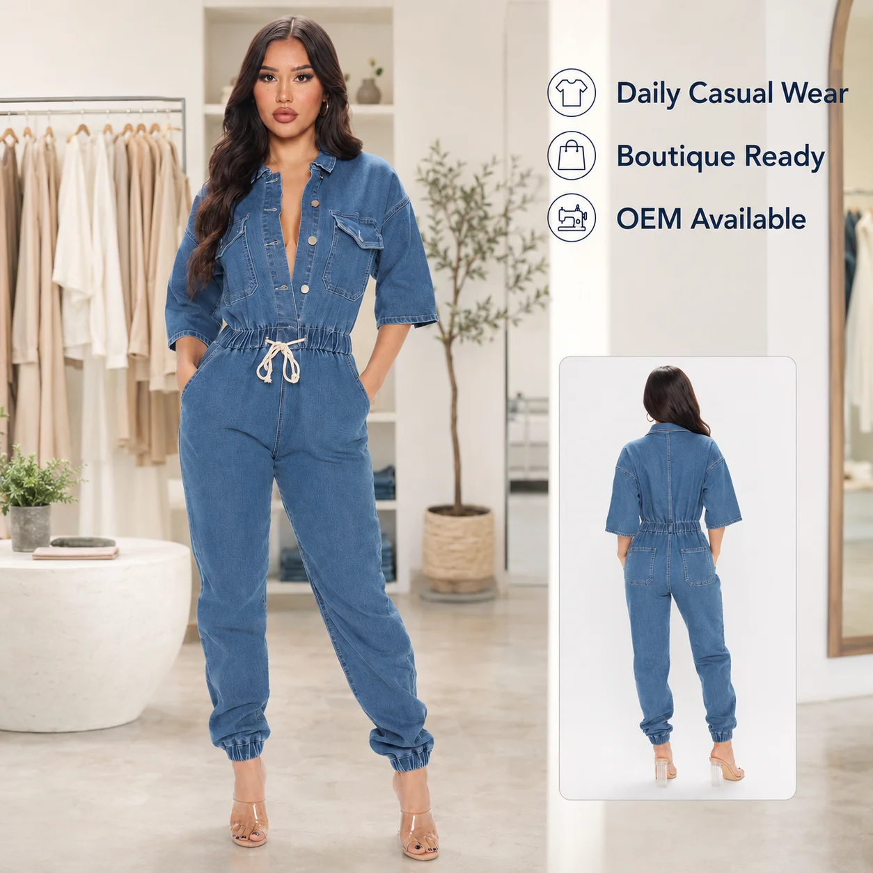 Hot Sale Plus Size Loose Jeans Rompers Casual Style One Piece Jumpsuit for Women Autumn Denim Outfits Wholesale Clothing