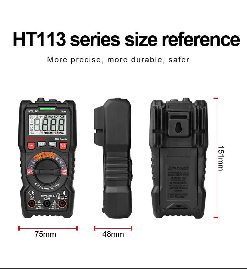 2000 Counts Manual Range Digital Multimeter MAYILON HT113A High Precision with LCD Display NCV Function