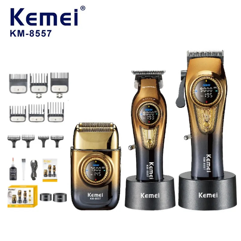 Kemei Max Km-8557 Pro Super Luxury Tondeuse à cheveux Combo Ensemble professionnel de tondeuse, rasoir et station de recharge sans fil