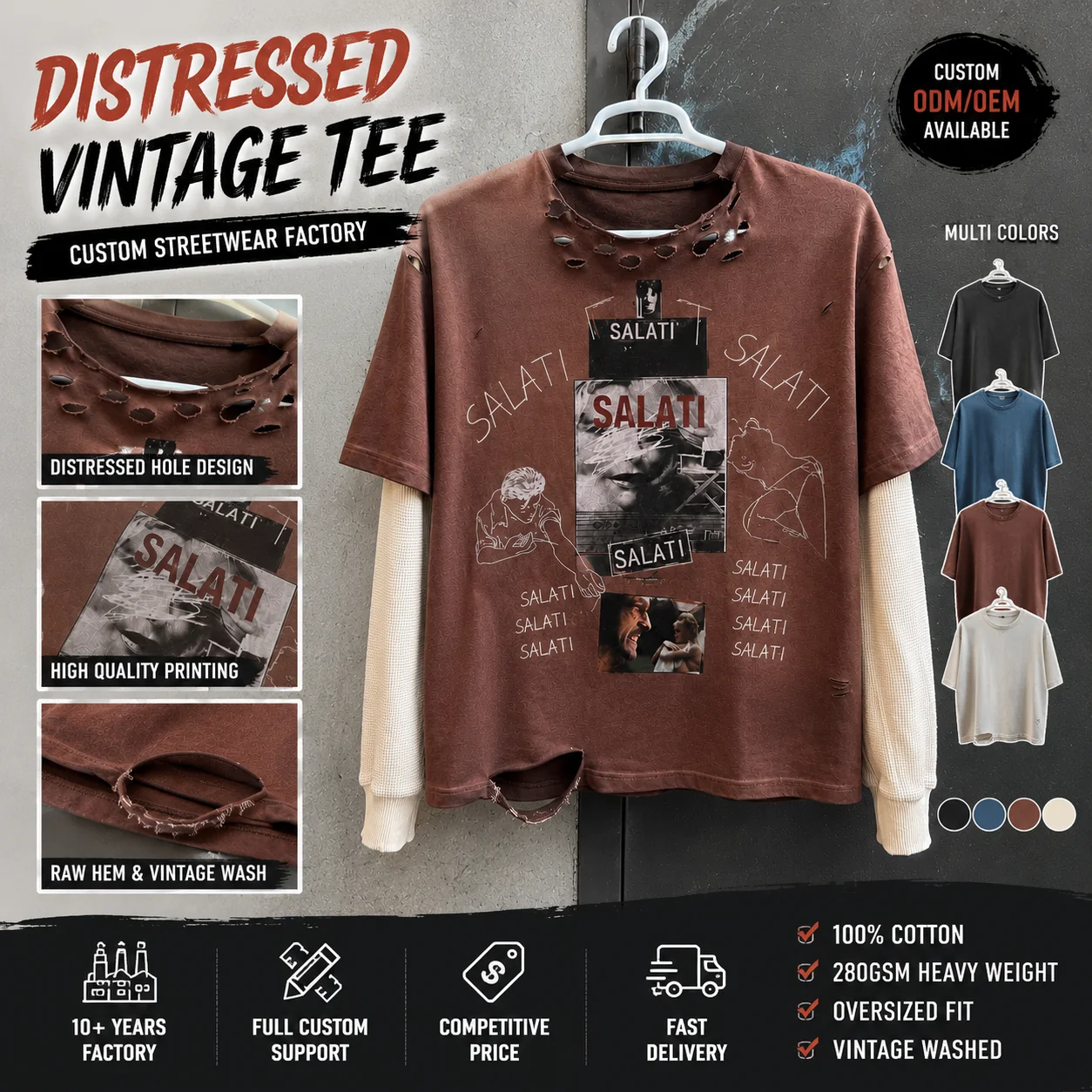 Custom Logo Streetwear Double Layer Long Sleeve T Shirt Waffle Acid Wash Distressed Cotton T Shirt for Men