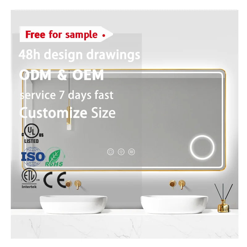 Gold Frame Anti-fog Wall Mounted Decor Home Led Smart Mirror with Lights 3x Magnifying Wall Cosmetic Mirror for Bathroom