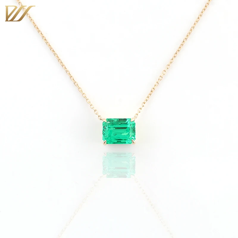 Emerald Cut 7x9 Verdant Lab Created Colombian Emerald Pendant Chain Necklace in 14k Yellow Gold Setting Fine Jewelry for Women