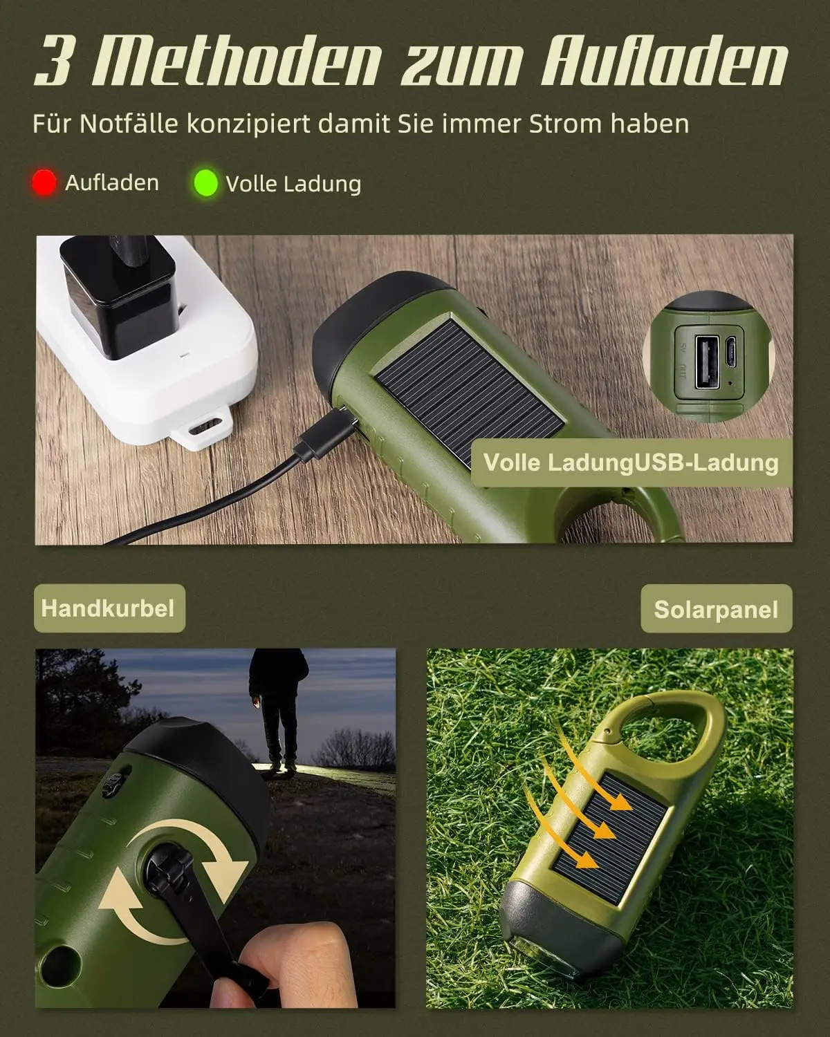 Lot De 2 Lampes Torche LED Solaires Et à Manivelle – Avec Mousqueton, Idéales Pour Le Camping, La Rando Ou Les Pannes De Courant
