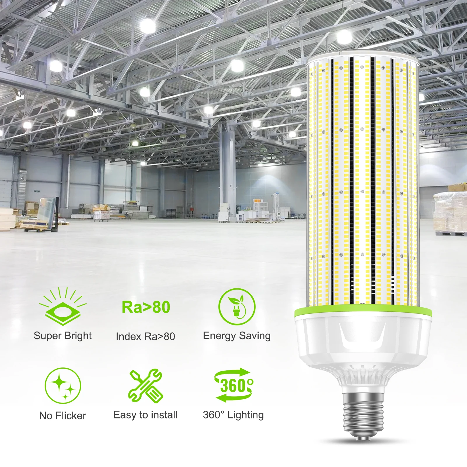 thumbnail interactive-video image 1 of 250W LED Corn Bulb – 1000W HPS Replacement For Warehouse Highbays – DLC Cool White 6K E39 1 of 5