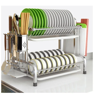 Kitchen Dish Drying Rack Stainless Steel Storage Organizer 2 layers Dish Drying Drainer With Cupboar