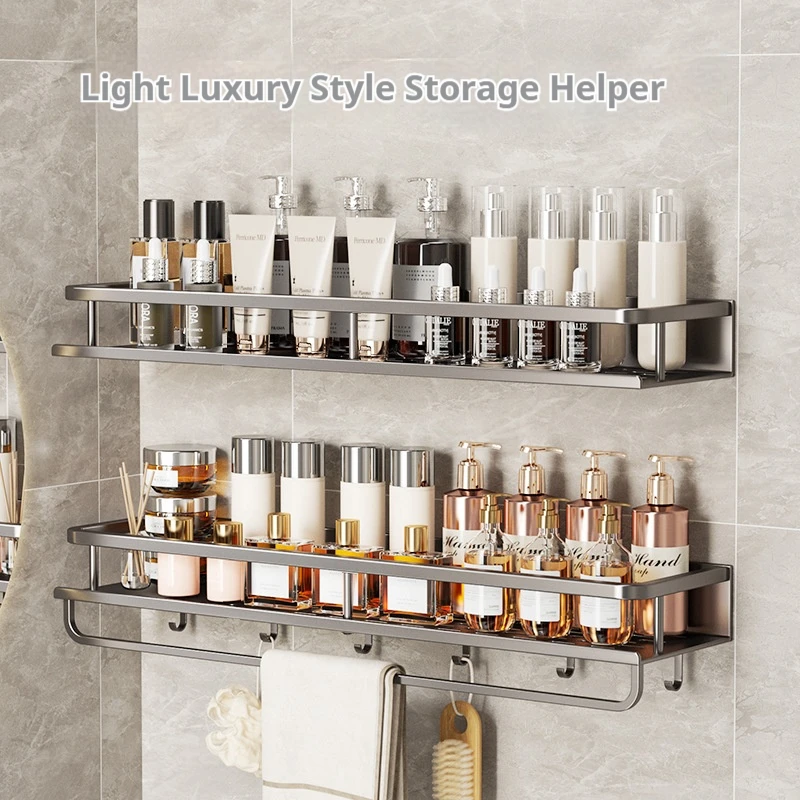 Multifunctional Bathroom Shelf Wall Mounted Sanitaryware Storage Shelf Organizer With Hooks