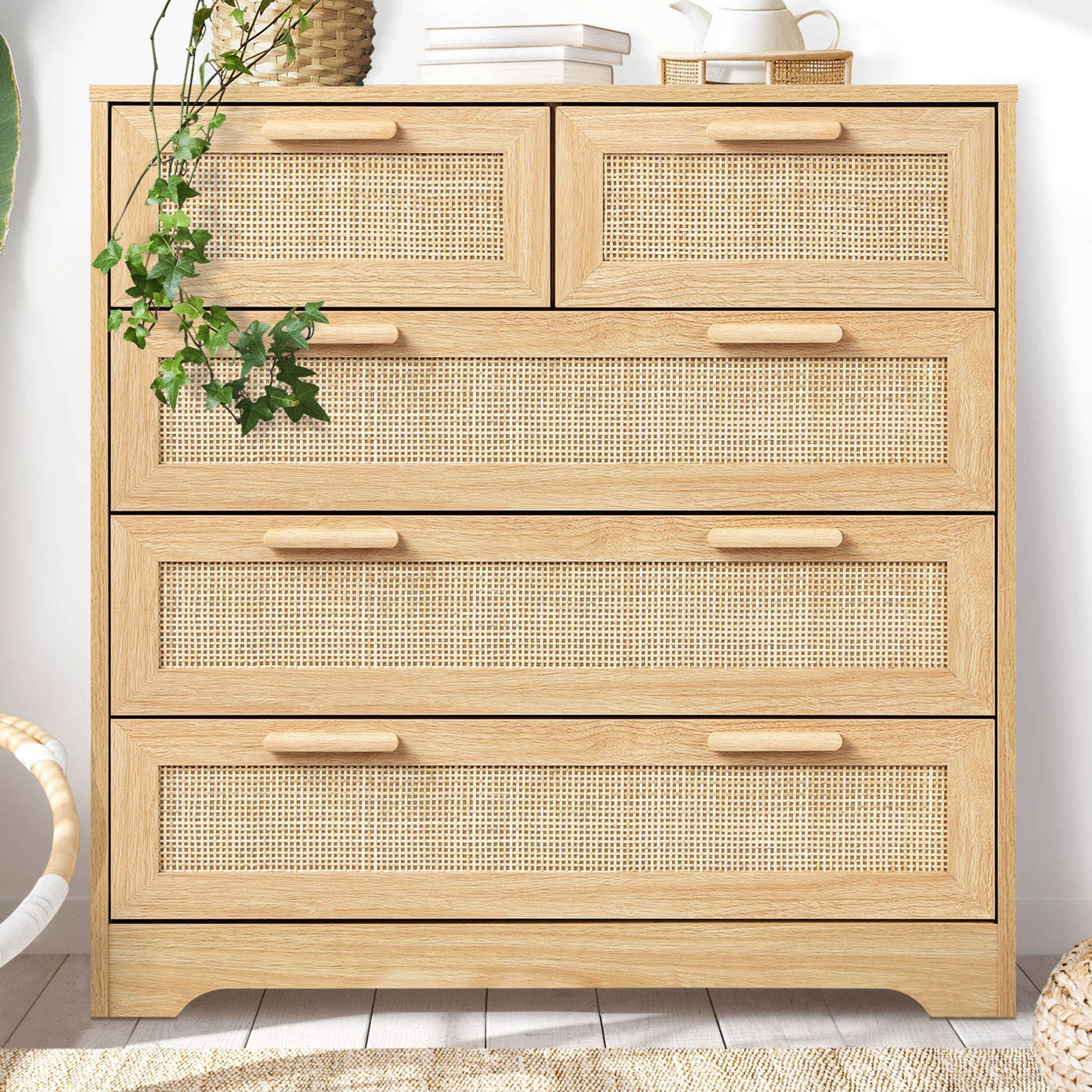 Japanese Rattan Front Chest of Drawers Wooden Storage Sideboard with 5 Drawers for Living Room