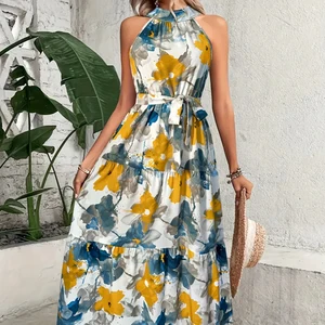 Women Tiered Floral Printed Elegant Maxi Dress Sleeveless Detail Back Neck Button Design for Summer Vacation Outfit