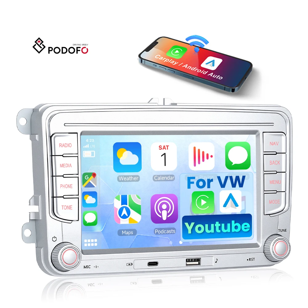Podofo 7'' 2 Din Car Radio MP5 Car Player Wireless Carplay & Android Auto YouTube Type C USB for VW/PASSAT/POLO/GOLF OEM Factory A4758SR