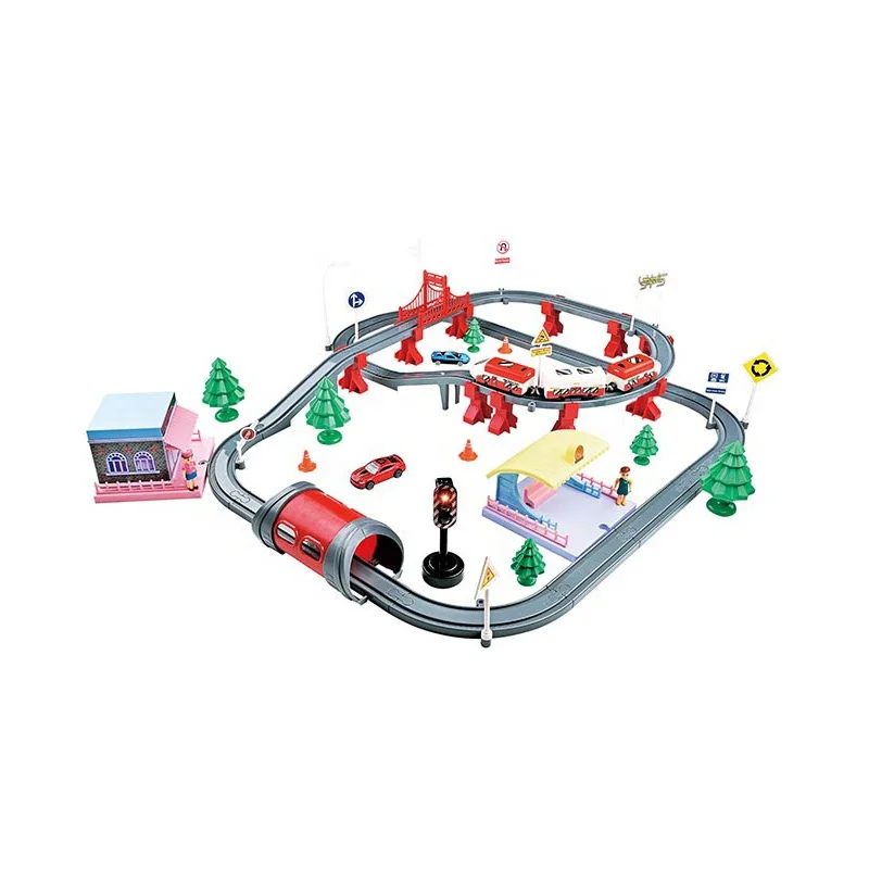 Оптовая продажа 88 шт игровые автоматы с батарейным питанием железнодорожный поезд набор игрушек для детей со звуком и светом