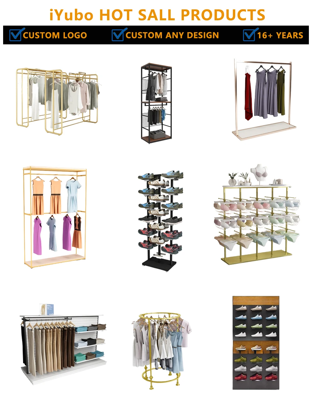 Botique Rack Factory Custom Garment Shop Furniture Wooden Metal Clothing Rack Wall ...