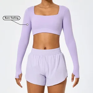 Custom Square Neck Crop Top Bare-Feeling High-Elastic Thumb Hole Yoga Crop Tops for Women Slim Fit Long Sleeves Workout Yoga Top