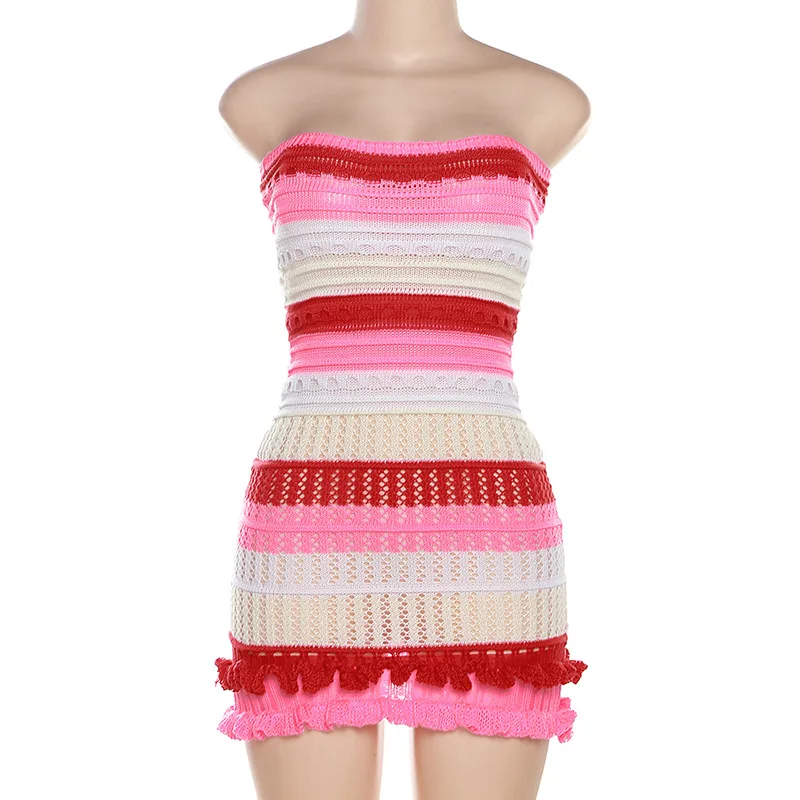 Explosive Models Patchwork Color Sleeveless Tube Knitted Summer Vacation Women Dress Sehe Fashion